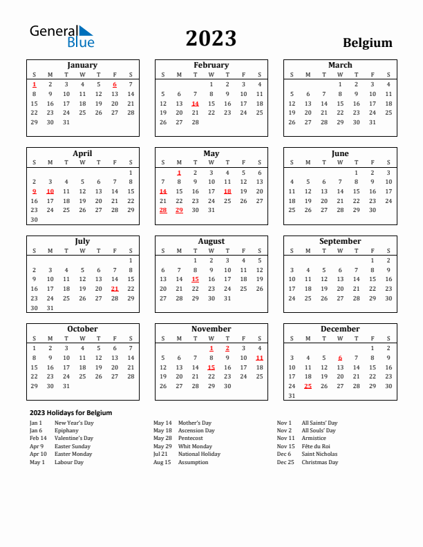 2023 Belgium Holiday Calendar - Sunday Start
