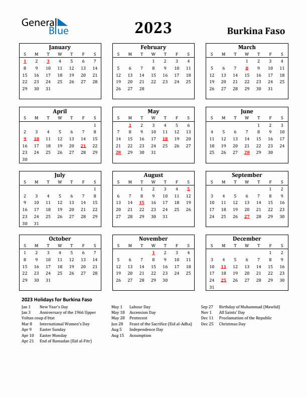2023 Burkina Faso Holiday Calendar - Sunday Start