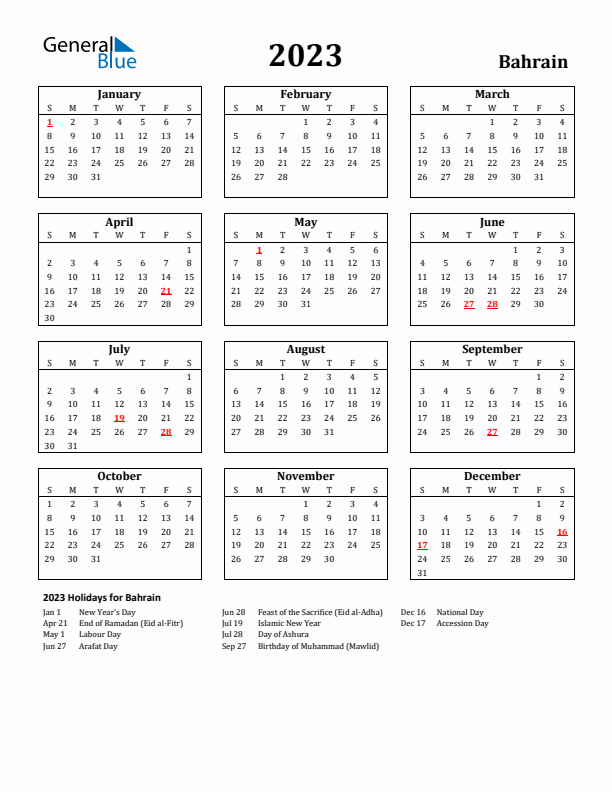 2023 Bahrain Holiday Calendar - Sunday Start