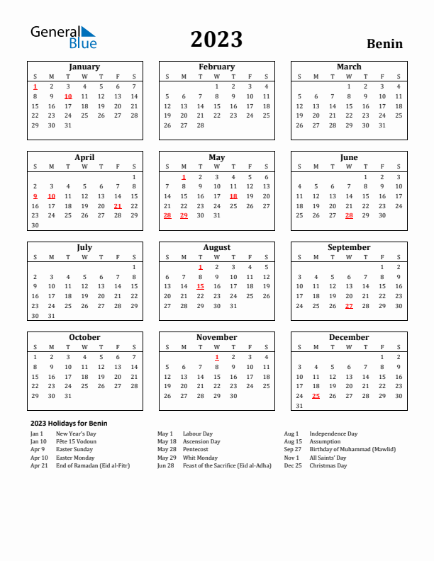 2023 Benin Holiday Calendar - Sunday Start