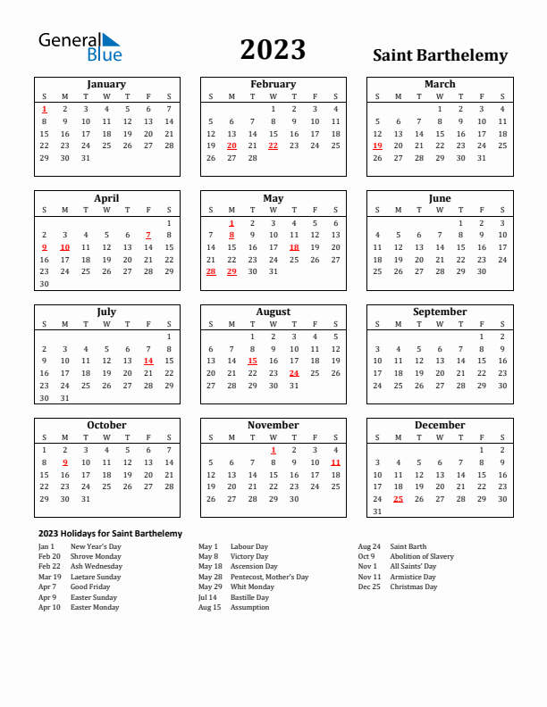 2023 Saint Barthelemy Holiday Calendar - Sunday Start