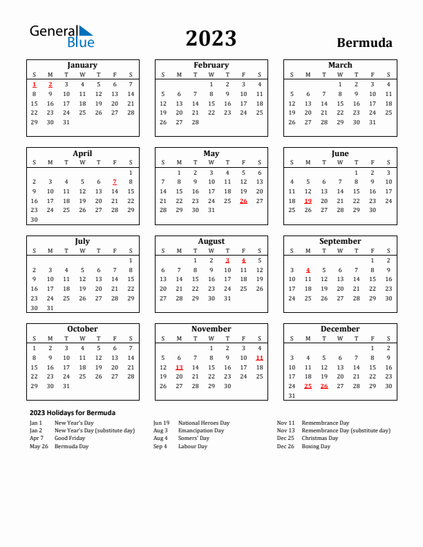2023 Bermuda Holiday Calendar - Sunday Start
