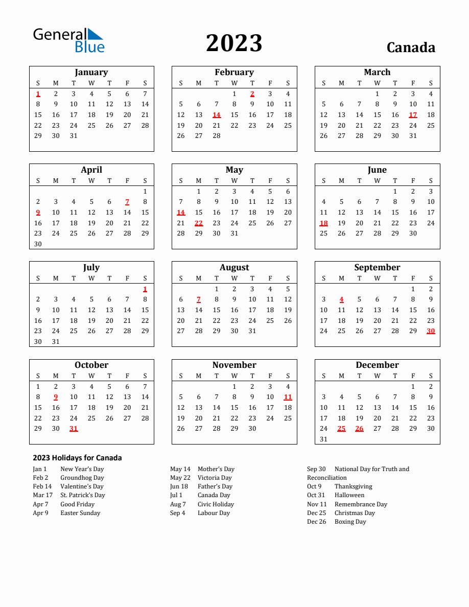 Free Printable 2023 Canada Holiday Calendar