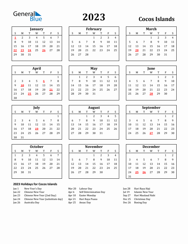 2023 Cocos Islands Holiday Calendar - Sunday Start