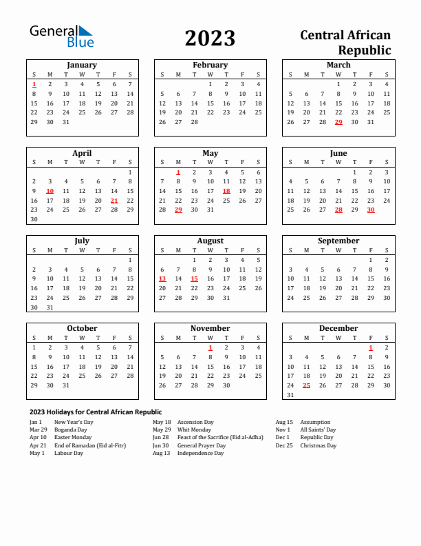 2023 Central African Republic Holiday Calendar - Sunday Start