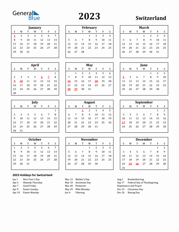 2023 Switzerland Holiday Calendar - Sunday Start