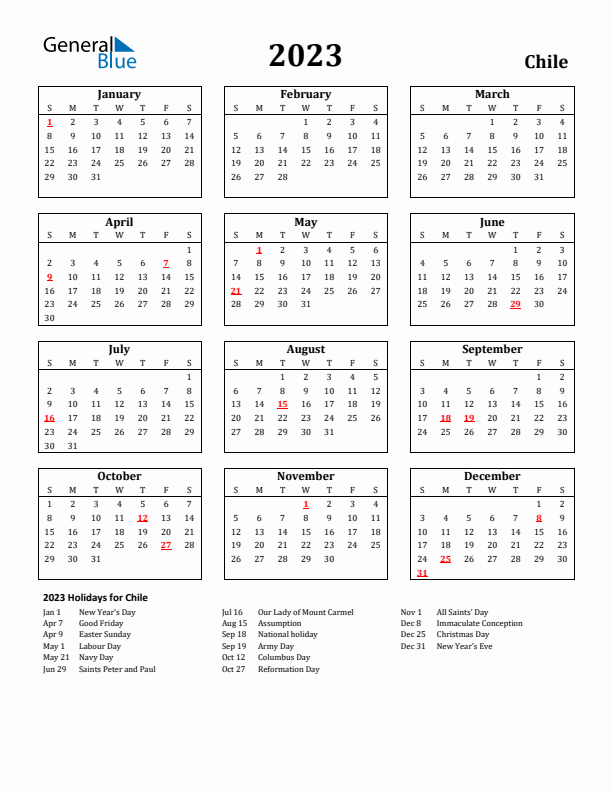 2023 Chile Holiday Calendar - Sunday Start