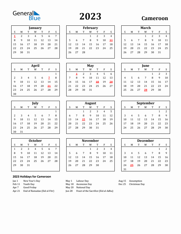 2023 Cameroon Holiday Calendar - Sunday Start