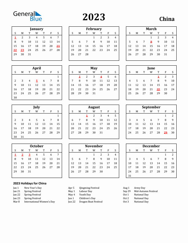 2023 China Holiday Calendar - Sunday Start