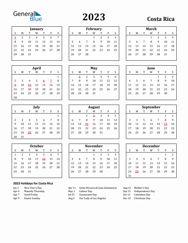 2023 Costa Rica Holiday Calendar - Sunday Start