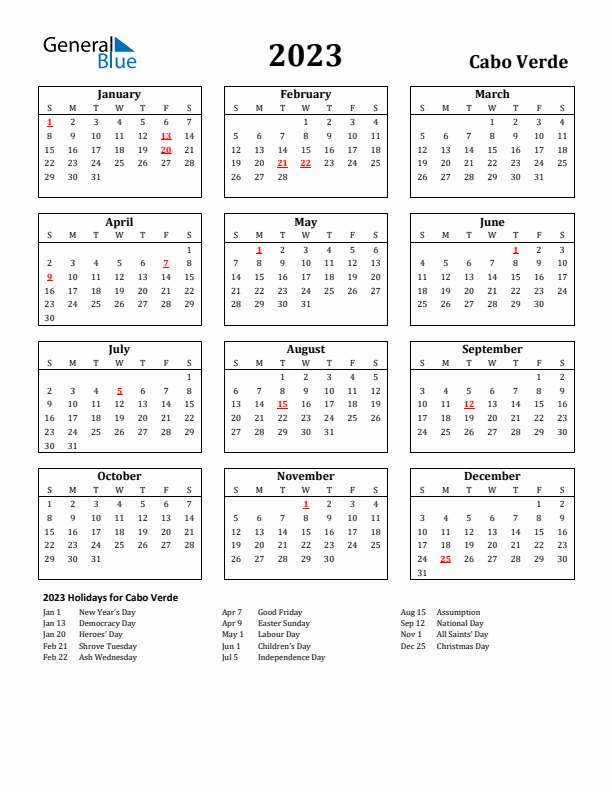 2023 Cabo Verde Holiday Calendar - Sunday Start