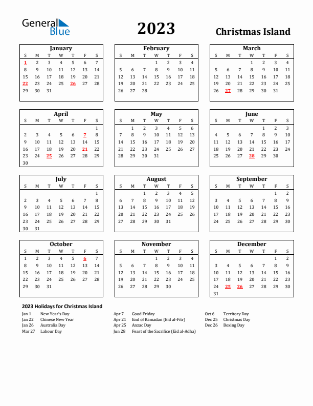 2023 Christmas Island Holiday Calendar - Sunday Start