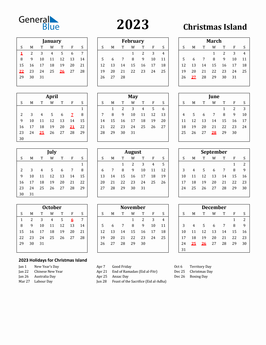 Free Printable 2023 Christmas Island Holiday Calendar