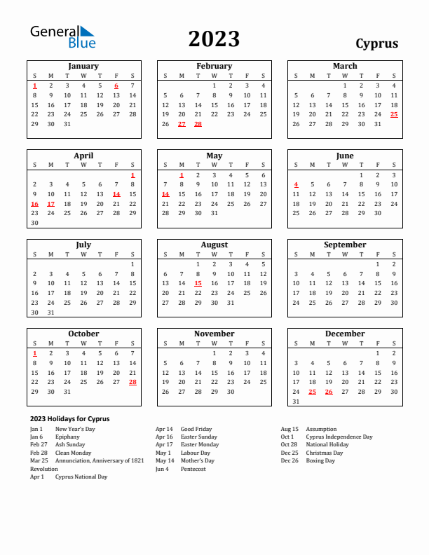2023 Cyprus Holiday Calendar - Sunday Start