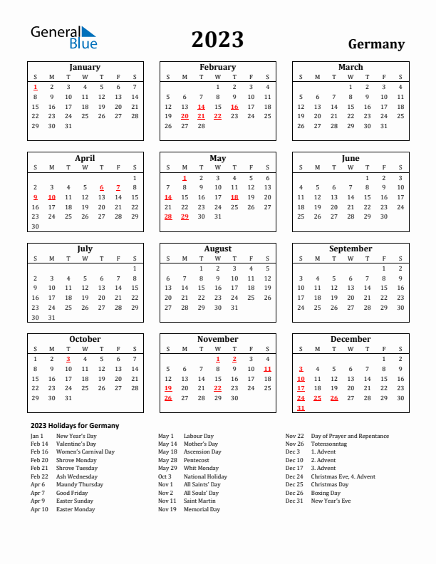 2023 Germany Holiday Calendar - Sunday Start