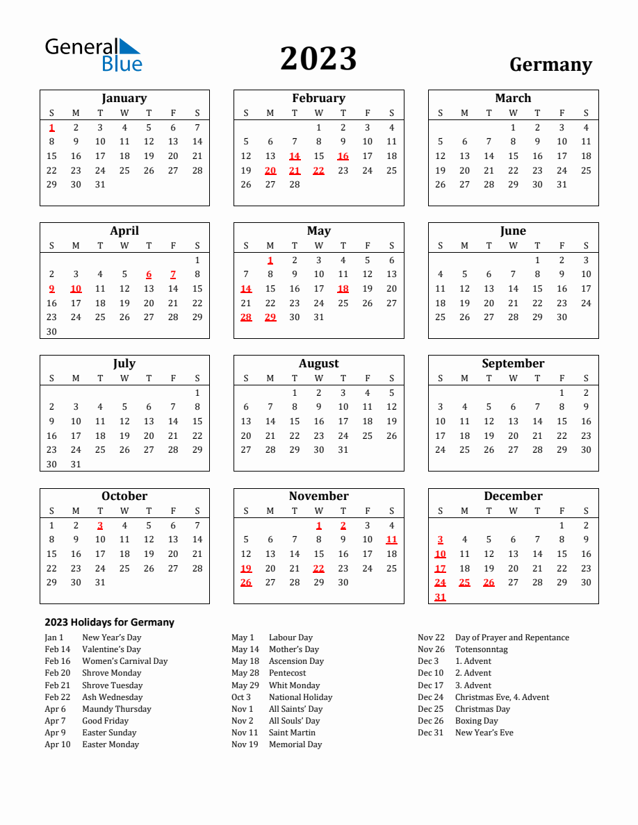 Free Printable 2023 Germany Holiday Calendar