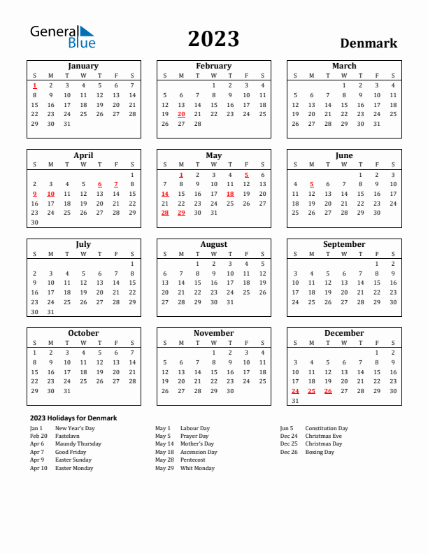 2023 Denmark Holiday Calendar - Sunday Start