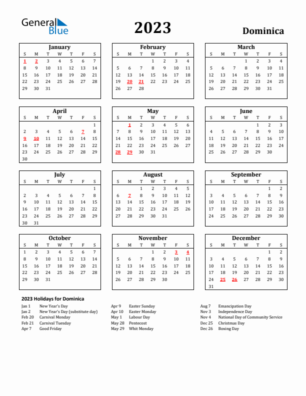 2023 Dominica Holiday Calendar - Sunday Start