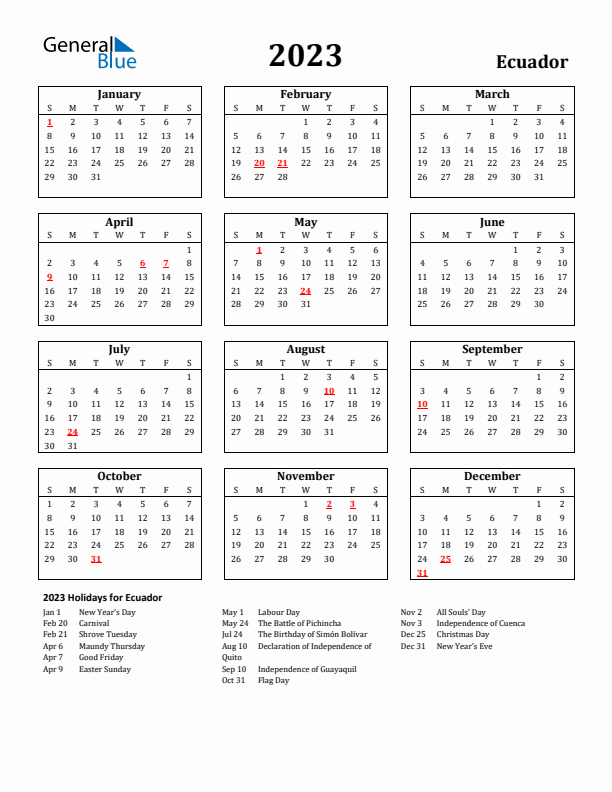 2023 Ecuador Holiday Calendar - Sunday Start