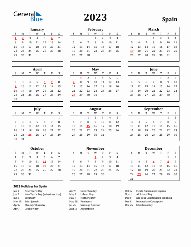 2023 Spain Holiday Calendar - Sunday Start