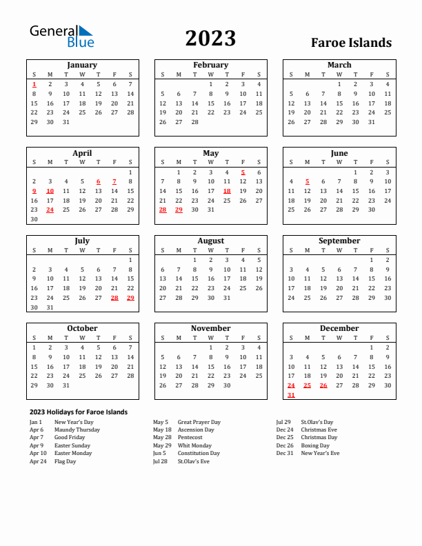 2023 Faroe Islands Holiday Calendar - Sunday Start