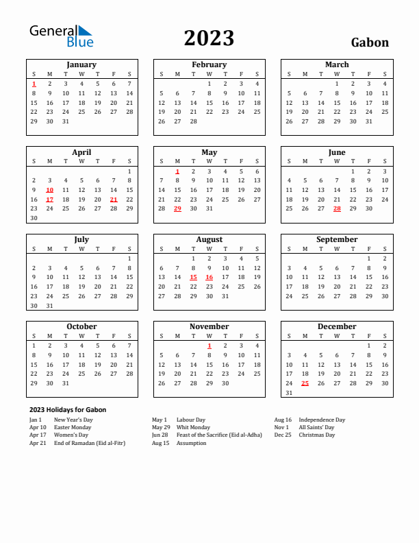 2023 Gabon Holiday Calendar - Sunday Start