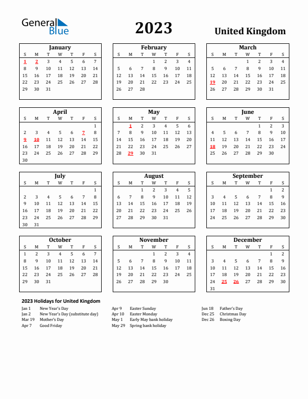 2023 United Kingdom Holiday Calendar - Sunday Start