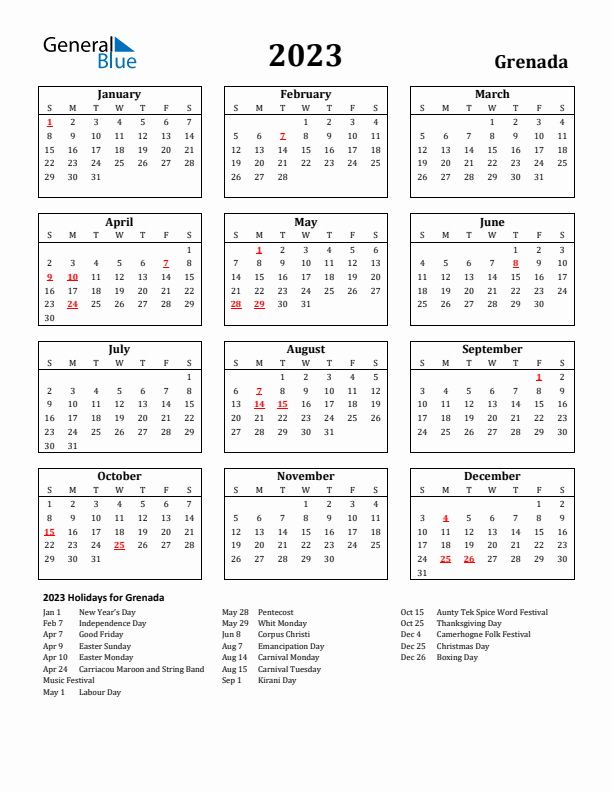 2023 Grenada Holiday Calendar - Sunday Start