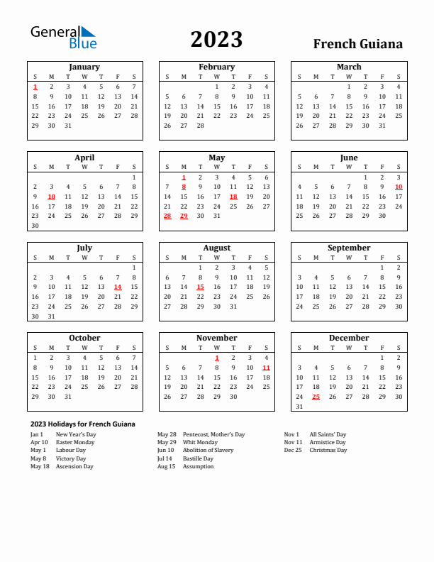 2023 French Guiana Holiday Calendar - Sunday Start