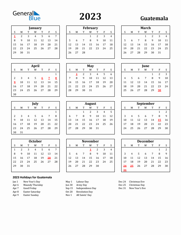 2023 Guatemala Holiday Calendar - Sunday Start