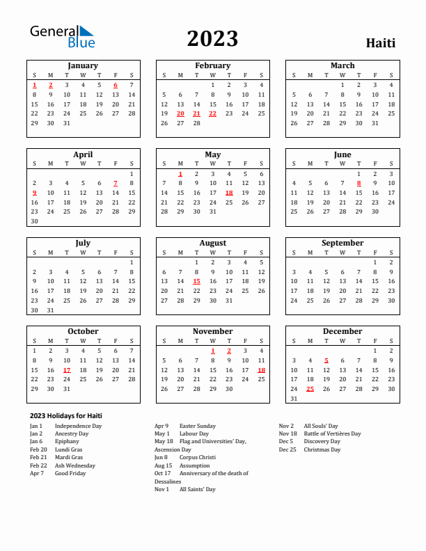 2023 Haiti Holiday Calendar - Sunday Start