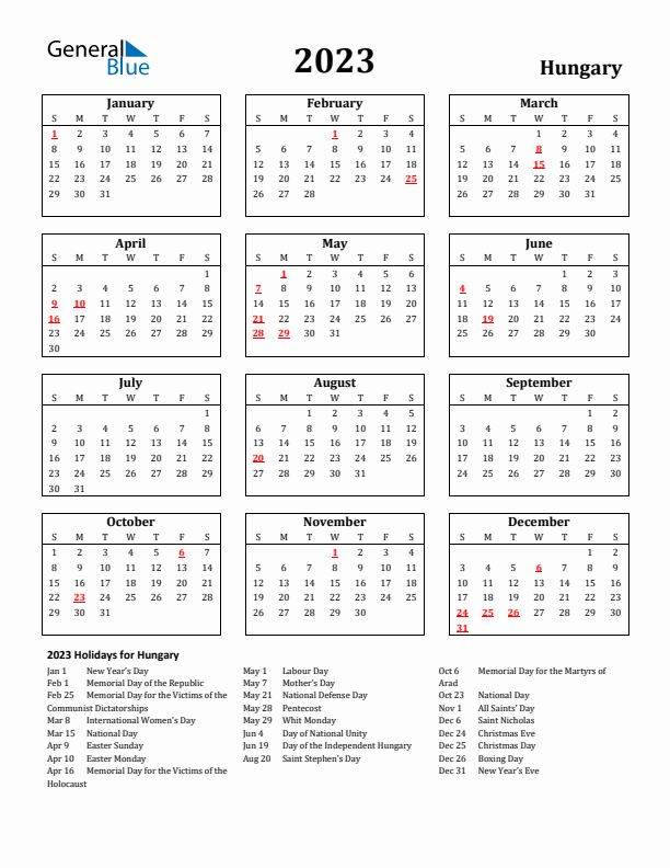 2023 Hungary Holiday Calendar - Sunday Start