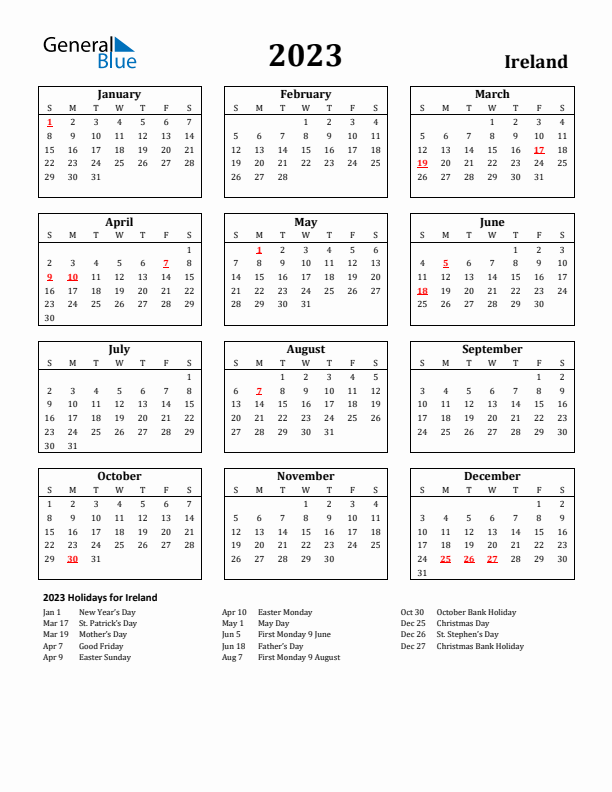 2023 Ireland Holiday Calendar - Sunday Start