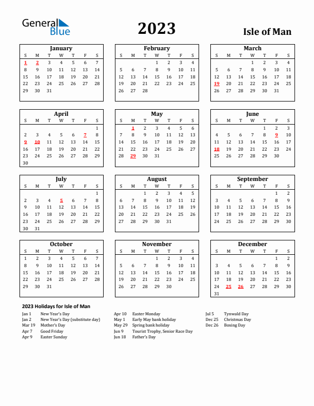 2023 Isle of Man Holiday Calendar - Sunday Start