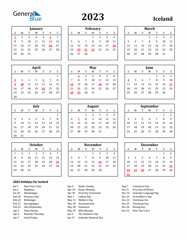 2023 Iceland Holiday Calendar - Sunday Start