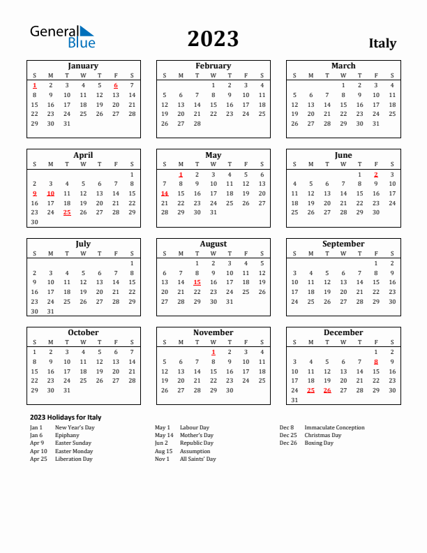 2023 Italy Holiday Calendar - Sunday Start
