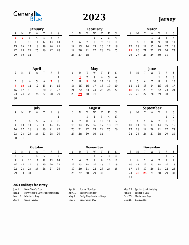 2023 Jersey Holiday Calendar - Sunday Start