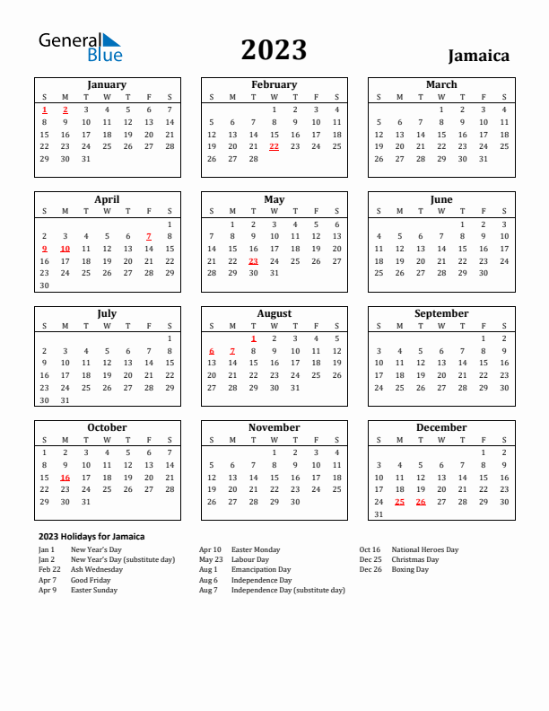 2023 Jamaica Holiday Calendar - Sunday Start