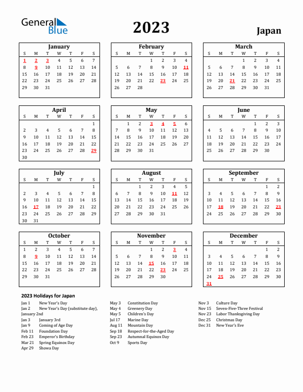2023 Japan Holiday Calendar - Sunday Start