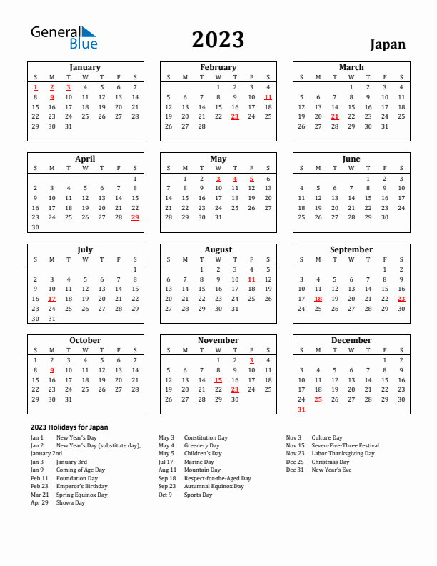 2023 Japan Calendar With Holidays