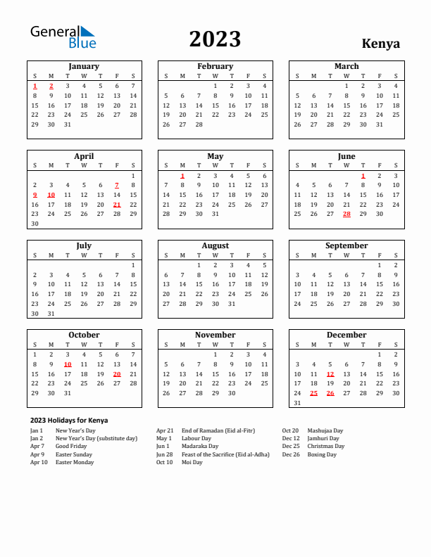2023 Kenya Holiday Calendar - Sunday Start