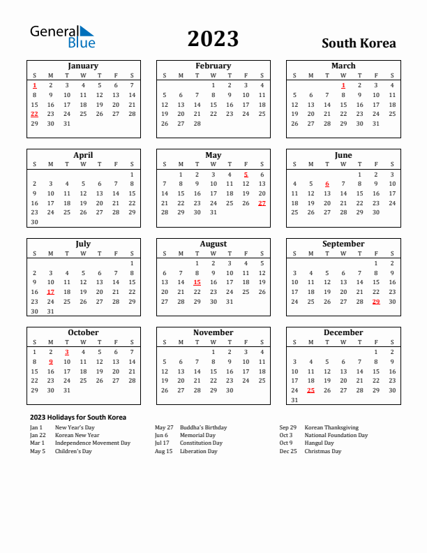 2023 South Korea Holiday Calendar - Sunday Start