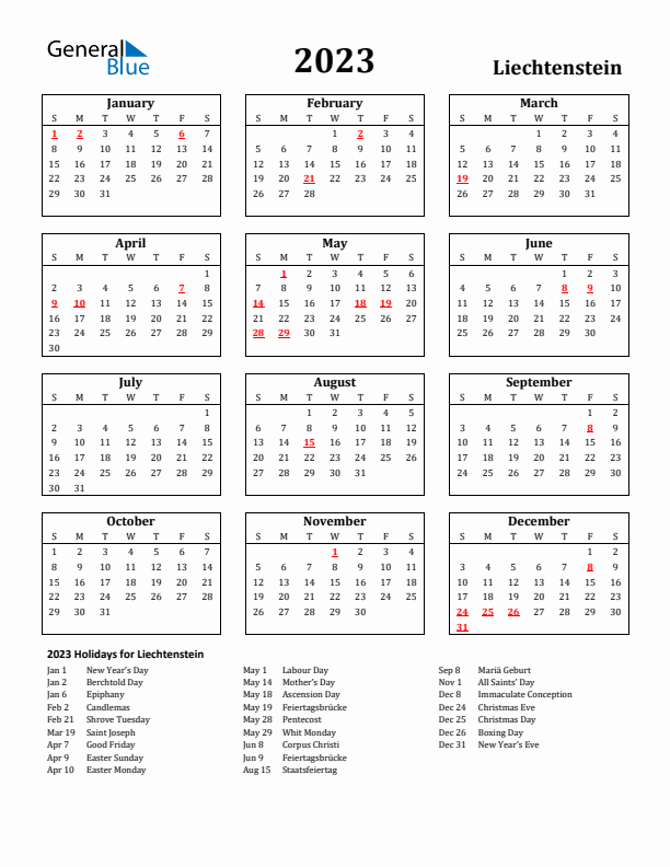 2023 Liechtenstein Holiday Calendar - Sunday Start
