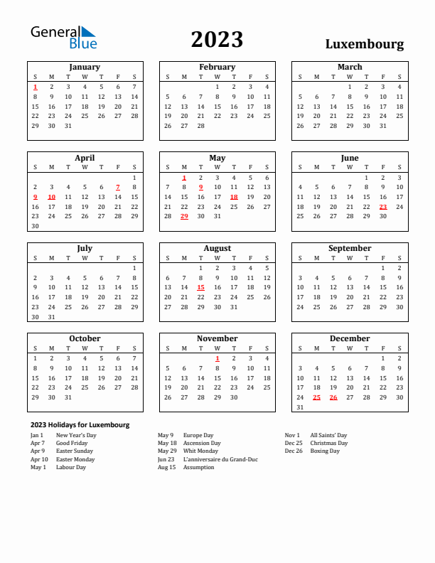 2023 Luxembourg Holiday Calendar - Sunday Start