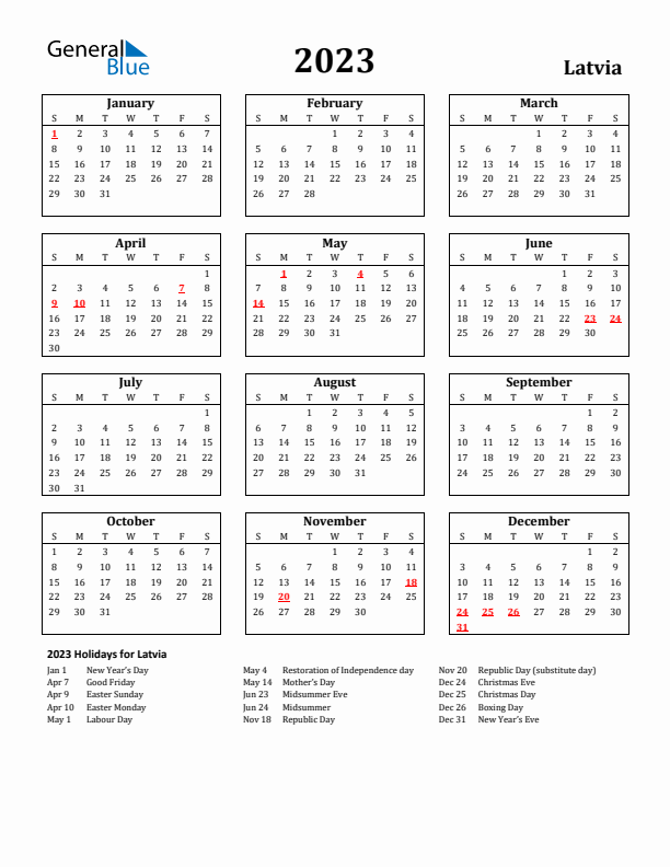 2023 Latvia Holiday Calendar - Sunday Start