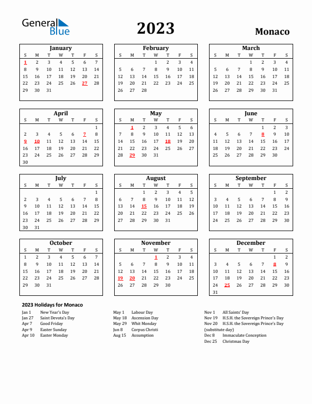 2023 Monaco Holiday Calendar - Sunday Start