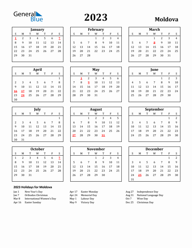 2023 Moldova Holiday Calendar - Sunday Start
