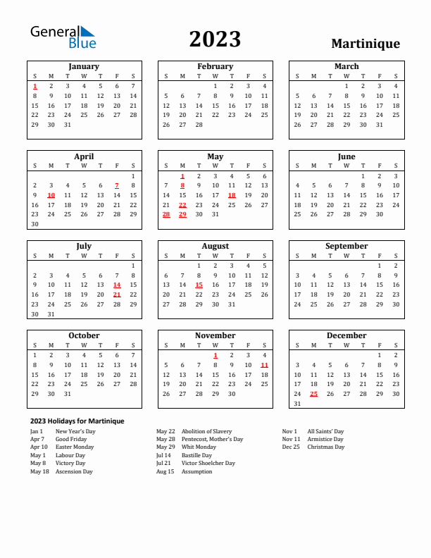 2023 Martinique Holiday Calendar - Sunday Start