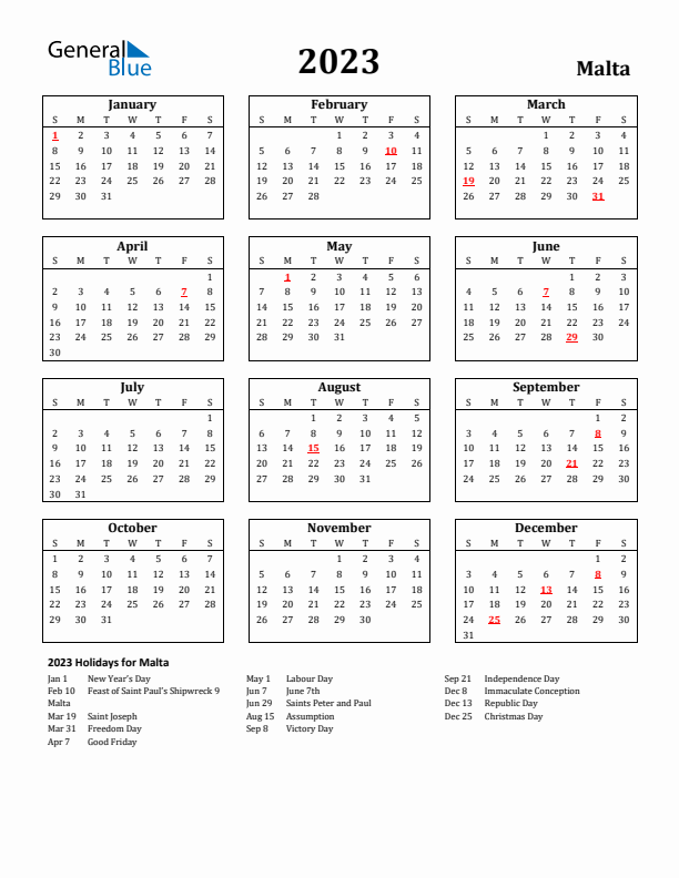 2023 Malta Holiday Calendar - Sunday Start