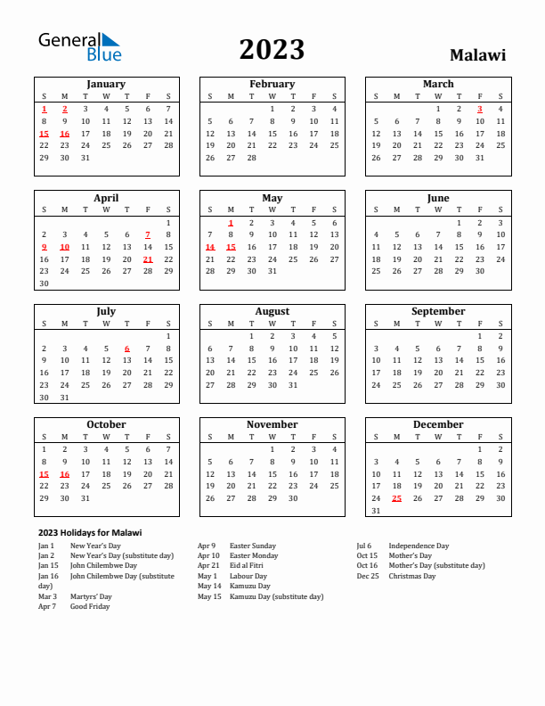 2023 Malawi Holiday Calendar - Sunday Start